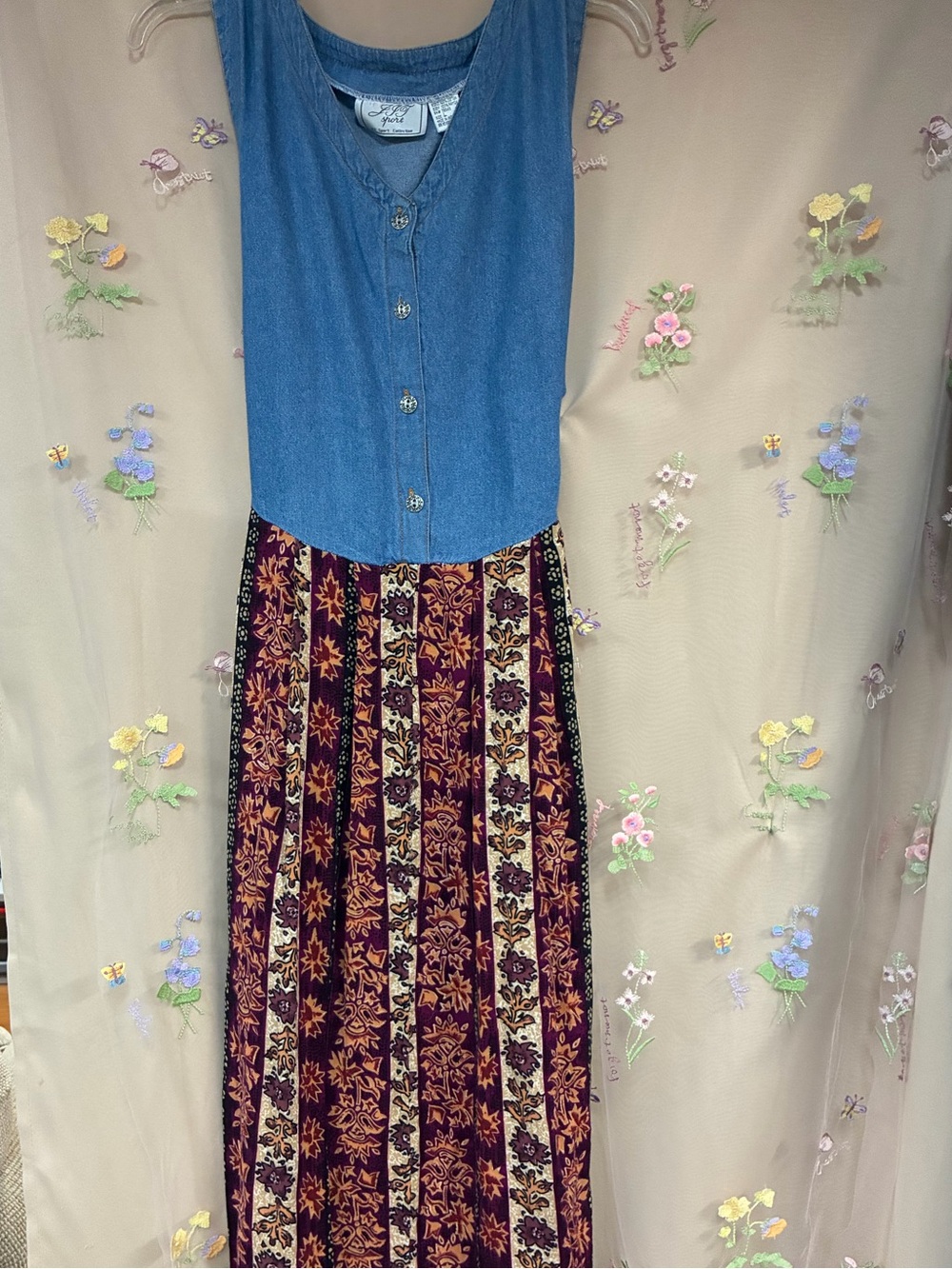 Vintage 90s JJ Sport Denim Look Boho Floral Maxi Dress Size Large